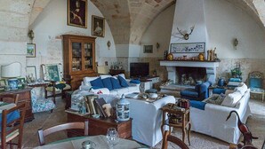 Un salon chaleureux avec une cheminée, des sièges confortables et un plafond en pierre.