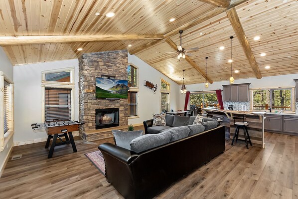 TV, fireplace, table football, ping pong