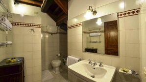Un baño con un lavamanos grande, inodoro y ducha.