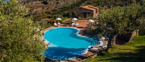Seasonal outdoor pool, pool umbrellas, sun loungers