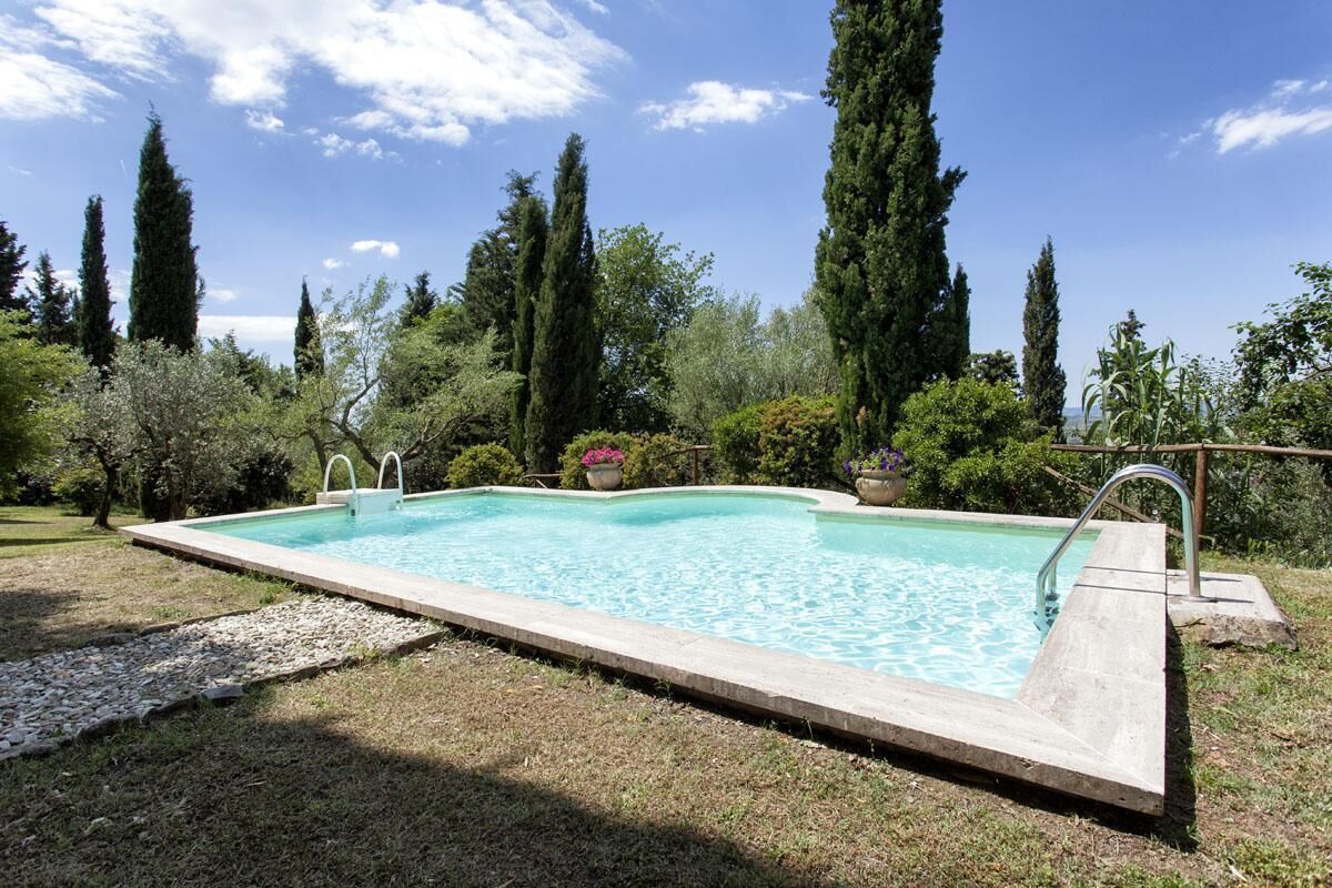 A rectangular swimming pool with a concrete edge, surrounded by a gravel area and various trees.