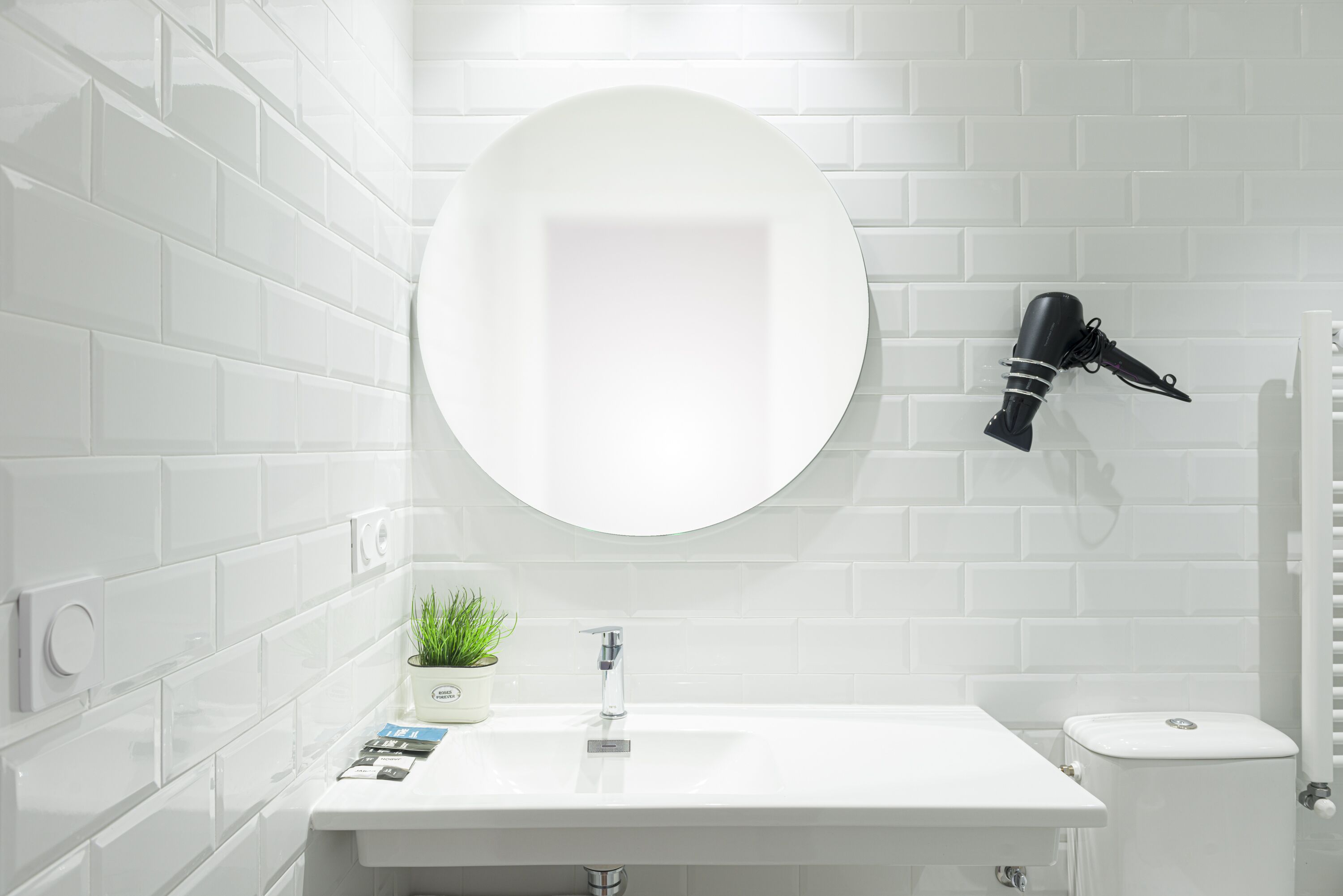 Un bany amb un lavabo blanc, un mirall rodó, un assecador de cabells fixat a la paret i una planta en maceta al taulell.
