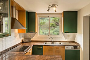 Una cocina con estufa integrada, un lavamanos y una ventana que da a zonas verdes.
