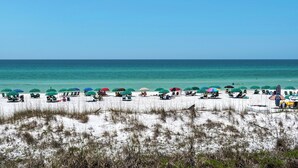A beach with rows of beach chairs and umbrellas, a sandy foreground with grass, and the ocean in the background. - ⭐Walk to Beach and Restaurants-Gulf Views-Pool+Hot Tub-3BR Alerio C303⭐ (Miramar Beach)