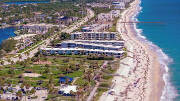 On the beach, sun loungers, beach towels