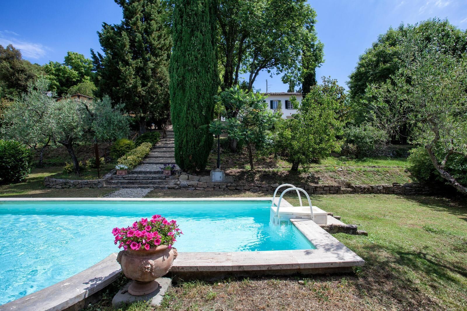 A swimming pool with a stone deck, surrounded by lush greenery and a stone staircase leading to a house.
