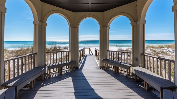 A wooden boardwalk leading to a beach with a clear view of the ocean. - Lake Views ~ Private Pool ~ Outdoor Lounge Area (Destin)