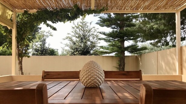 Une table en bois, sur laquelle repose un objet sphérique à la texture particulière, est entourée de chaises en bois. L’ensemble est placé devant un décor composé d’arbres et d’un mur blanc.
