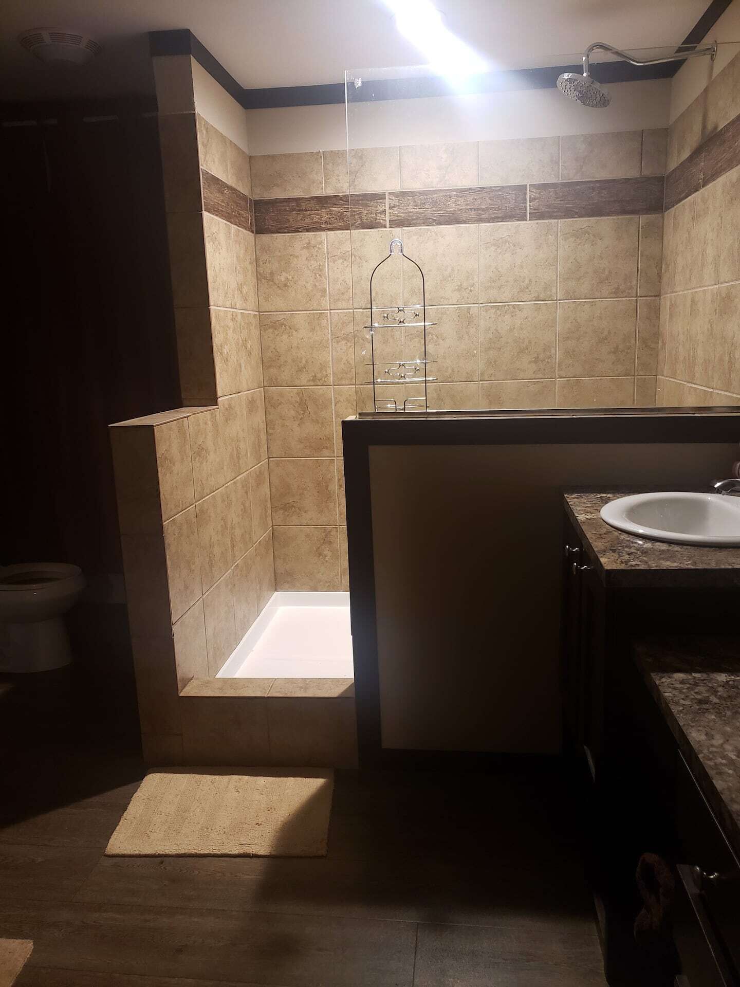 Bathtub, hair dryer, towels, toilet paper
