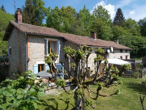 Una casa de pedra amb teulada de teules, una xemeneia i un jardí amb vinyes.