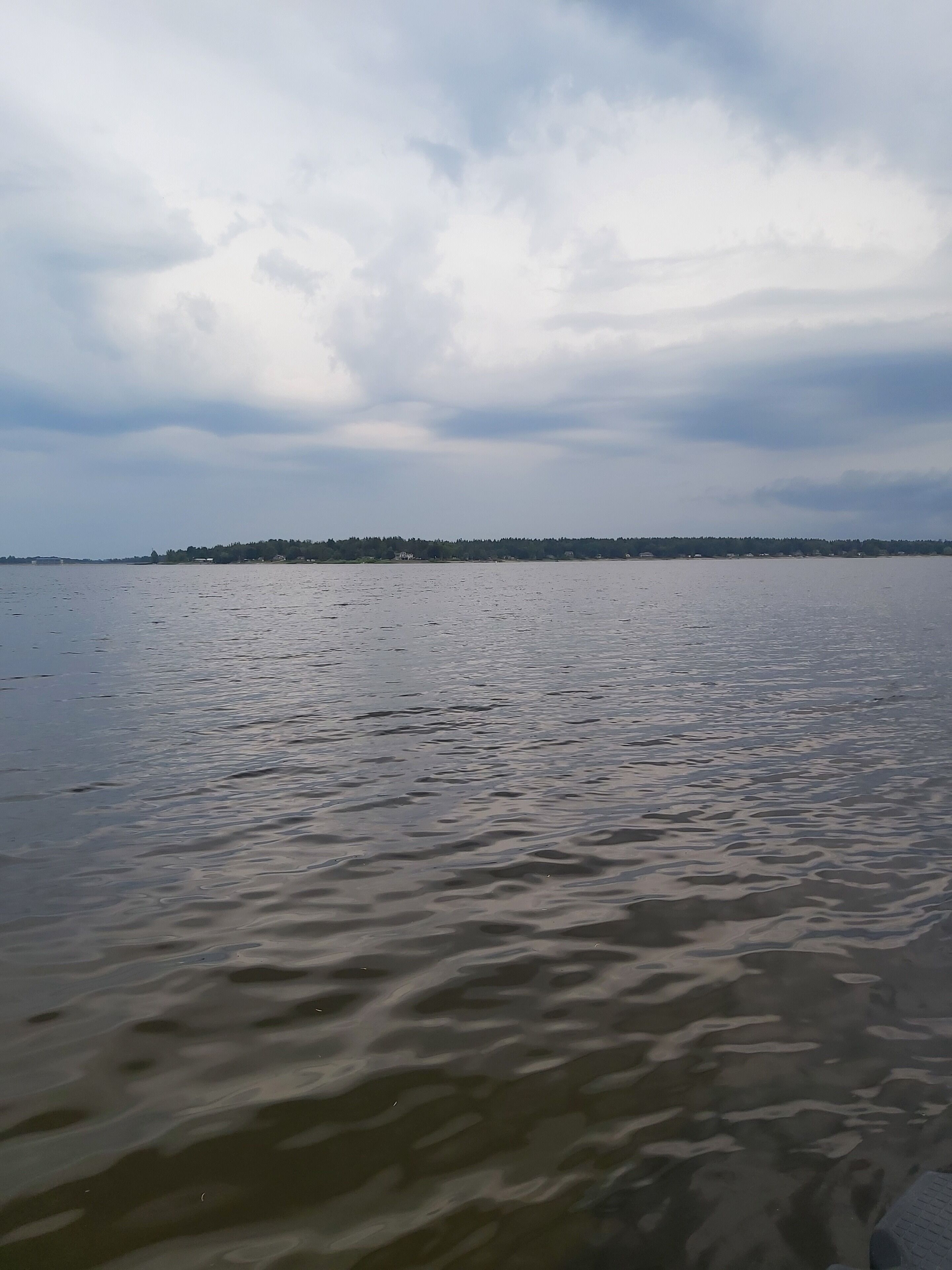 Ruhige Wasserfläche mit einer fernen Küstenlinie unter bewölktem Himmel.
