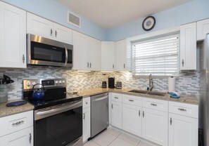A modern kitchen with white cabinets, stainless steel appliances, a microwave, a kettle, and a dishwasher.