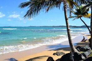 A beach with clear blue water, palm trees, and rocky outcrops. - Comfortable, Great Location, Close to Beach + Rainforest, Family/Friend Getaway (Río Grande)