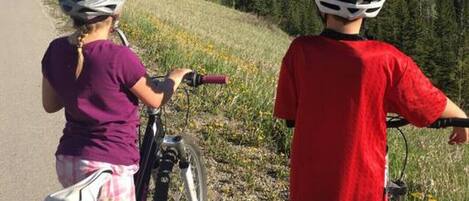 Dos niños en bicicleta sobre un camino pavimentado con montañas al fondo.