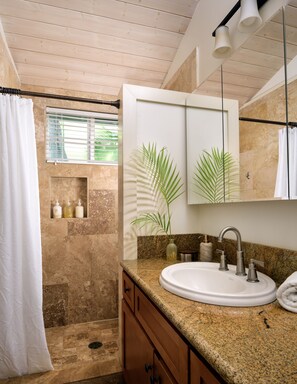 Bathroom features a large sink, mirror, and shower area with a window.