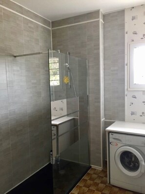 Shower, towels, toilet paper