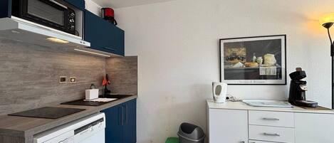 Frigorífico, microondas, horno y placa de cocina