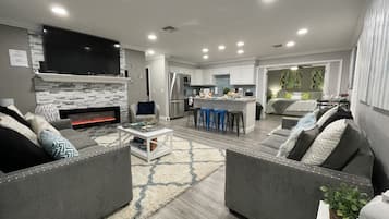 Smart TV, fireplace, books