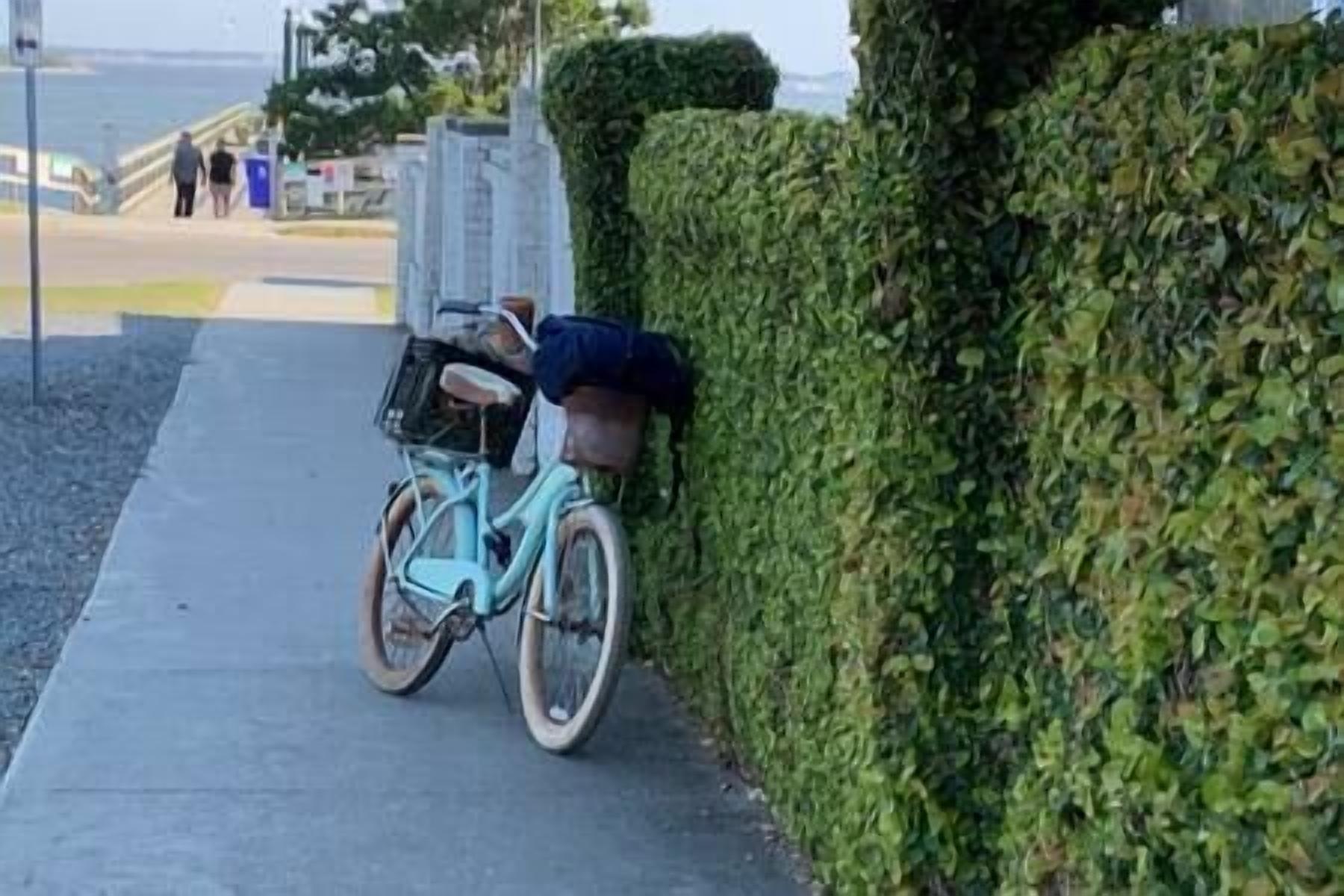 Ein Fahrrad steht auf einem Bürgersteig neben einer Hecke.