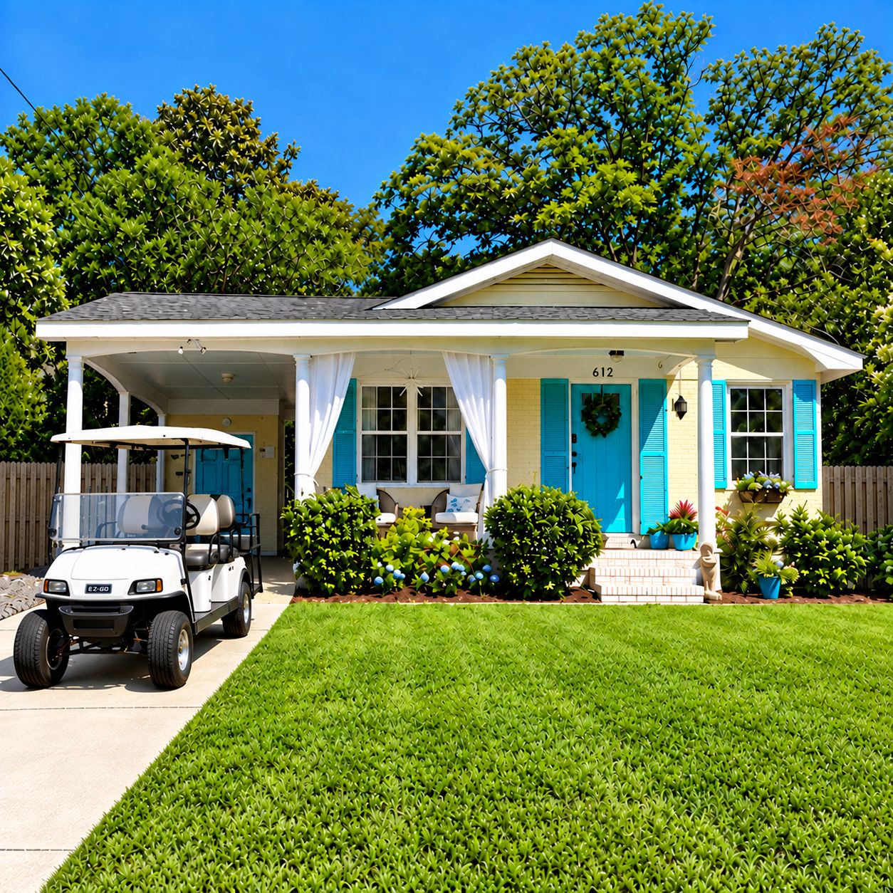 A single-story house with a covered porch, a golf cart parked in front, and a well-maintained lawn.