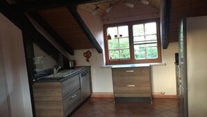 Een keuken met een houten plafond, een raam met uitzicht op groen, een koelkast en een spoelbak.