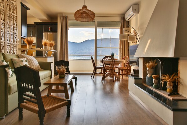 Smart TV, fireplace, books