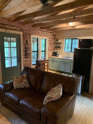 A cozy cabin interior with a leather sofa, wooden beams, a kitchen area, and a door leading outside.