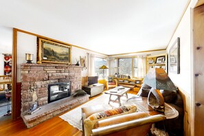 TV, fireplace, books