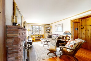 TV, fireplace, books