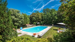 A rectangular swimming pool with a clear blue water surface, surrounded by a well-maintained lawn and dense greenery.