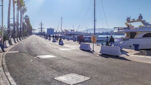 A marina with yachts docked, a clear sky, and palm trees lining the walkway. - Lovely apartment in Málaga with WiFi (Málaga)