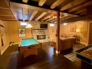 TV, fireplace, table football, ping pong
