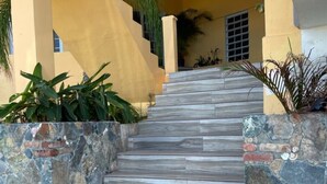 Un escalier en pierre menant à l’entrée d’un bâtiment, de part et d’autre duquel se trouvent des plantes en pot et un paillasson.