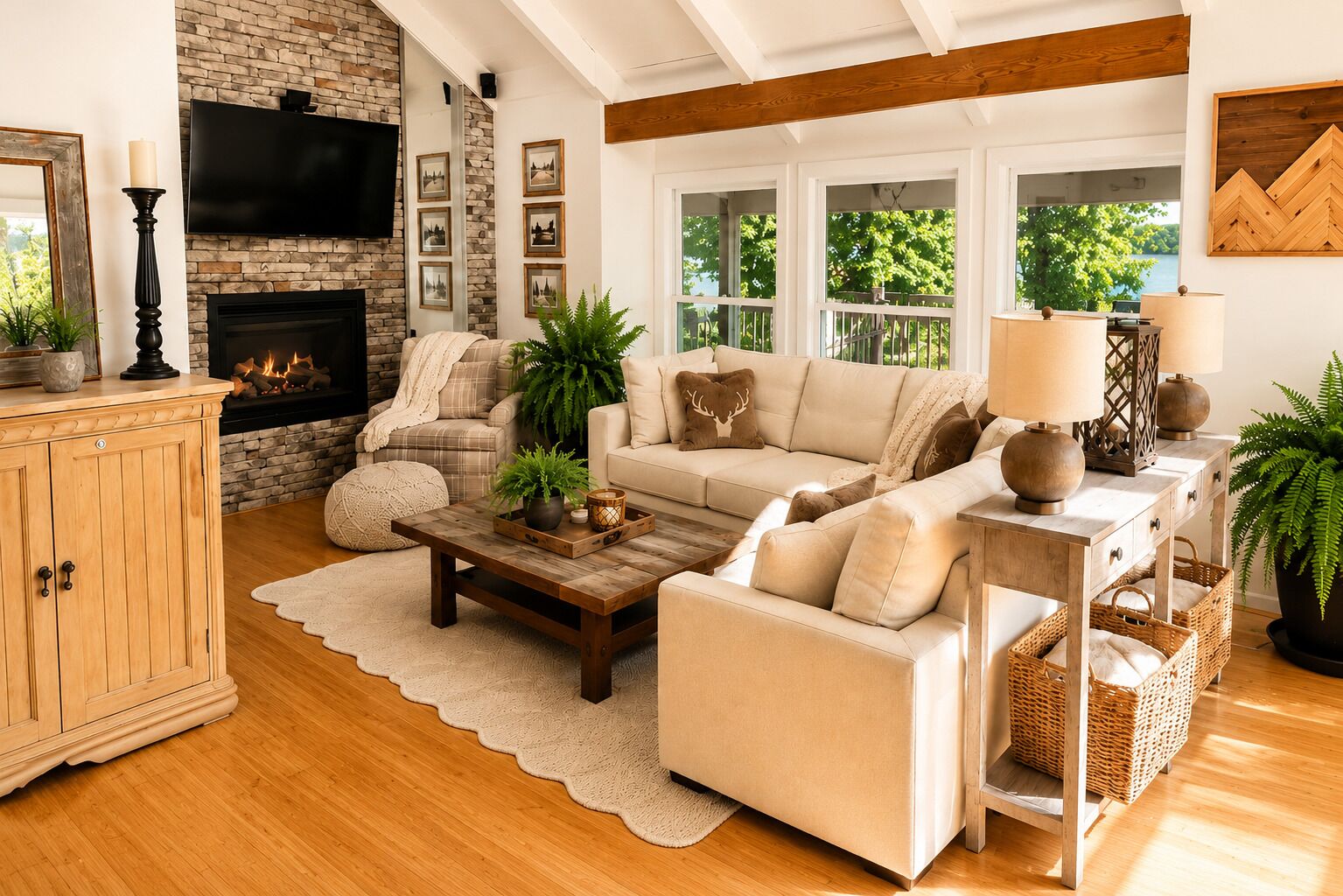 Smart TV, chimenea, futbolito y estéreo 