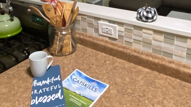 Una cocina con mostrador, una tetera, una taza y un libro titulado 'Sullivan CatSkills'.