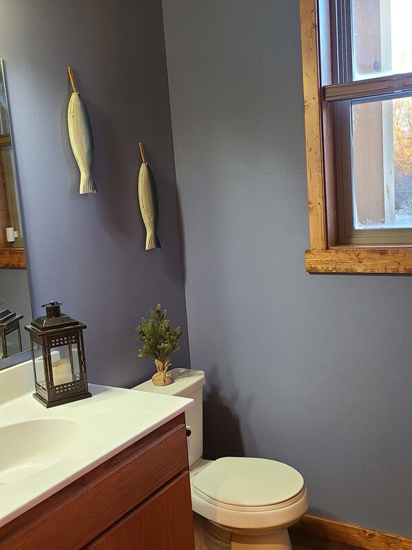 A bathroom with a white sink, wooden cabinets, a toilet, and decorative fish on the wall.