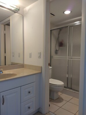 Combined shower/bathtub, hair dryer, towels