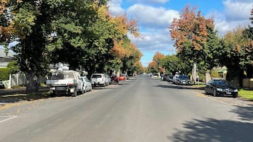 Una strada residenziale fiancheggiata da auto parcheggiate e alberi con foglie autunnali.
