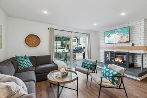 Smart TV, fireplace, video library