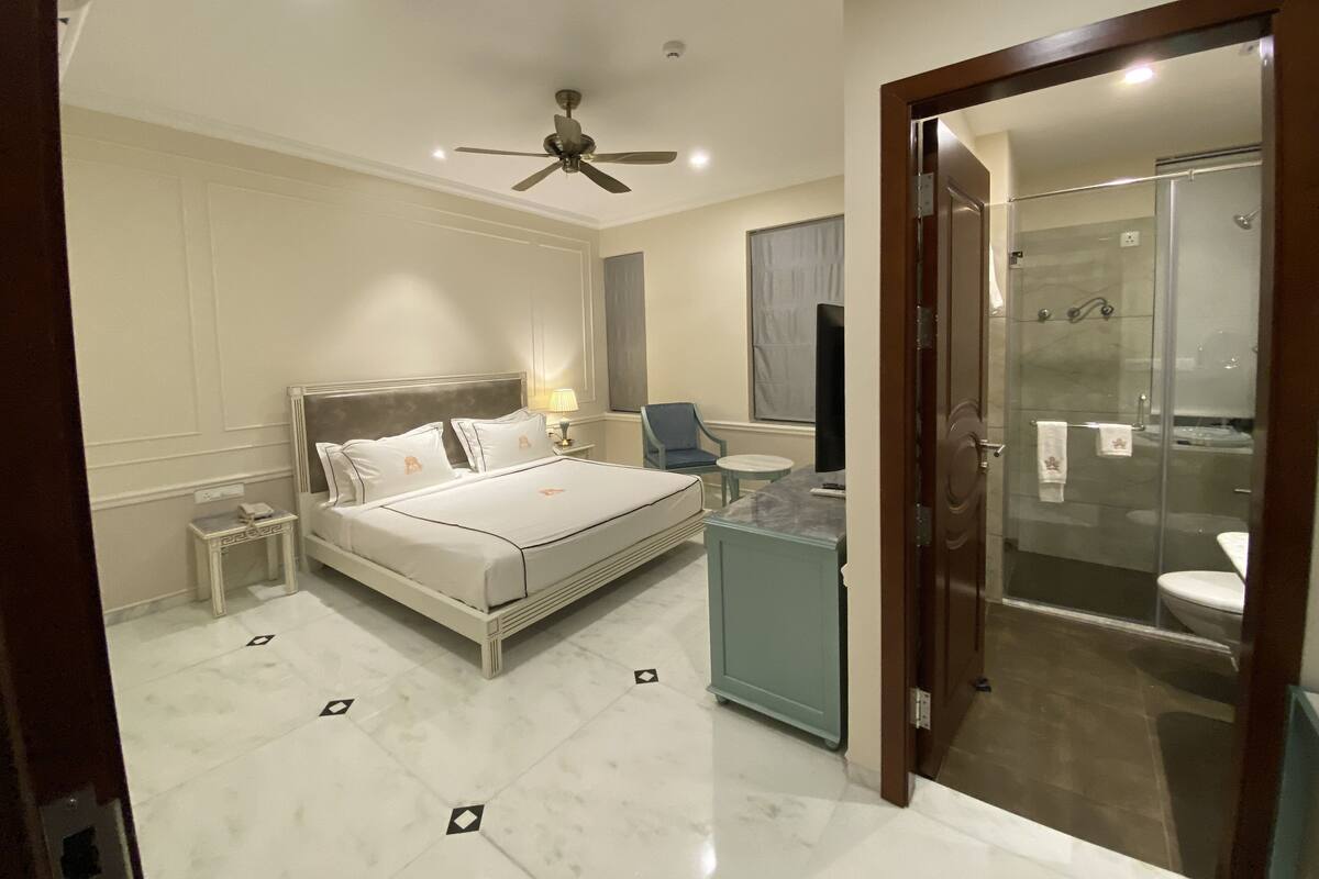 Habitación de hotel con cama, mesitas de noche, escritorio, silla, televisor, ventilador de techo y baño con ducha e inodoro.