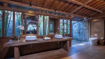 Une coiffeuse en bois avec deux vasques, un miroir et une fenêtre ornée de plantes.