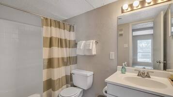 Bathtub, hair dryer, soap, shampoo