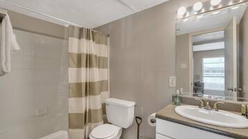 Bathtub, hair dryer, soap, shampoo