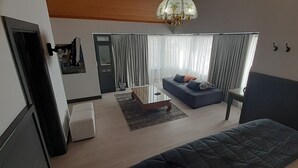 Un soggiorno moderno con un divano, un tavolino da caffè e un tappeto decorato.