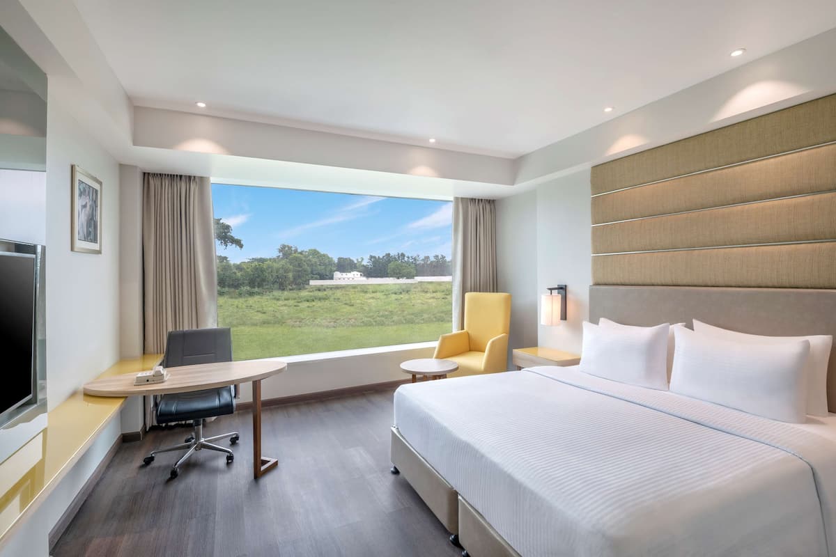 A hotel room with a large bed, a desk with a chair, a TV, and a view of a green landscape.
