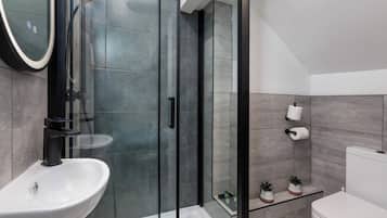 Shower, hair dryer, towels, shampoo
