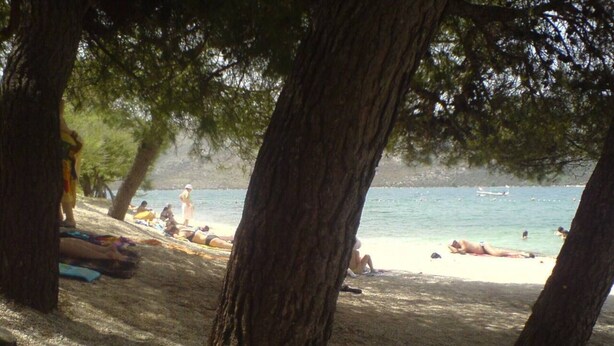 A beach with people sunbathing and swimming, surrounded by trees. - Lovely 2-bedroom Apartment in Poljica (Marina)