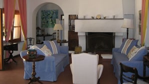 Een gezellige woonkamer met twee blauwe banken, een witte fauteuil en een open haard. Er is een boekenkast en een schilderij aan de muur.