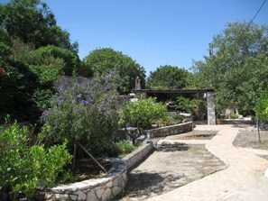 Stroll through the lush garden, surrounded by vibrant plantings and a serene stone pathway.