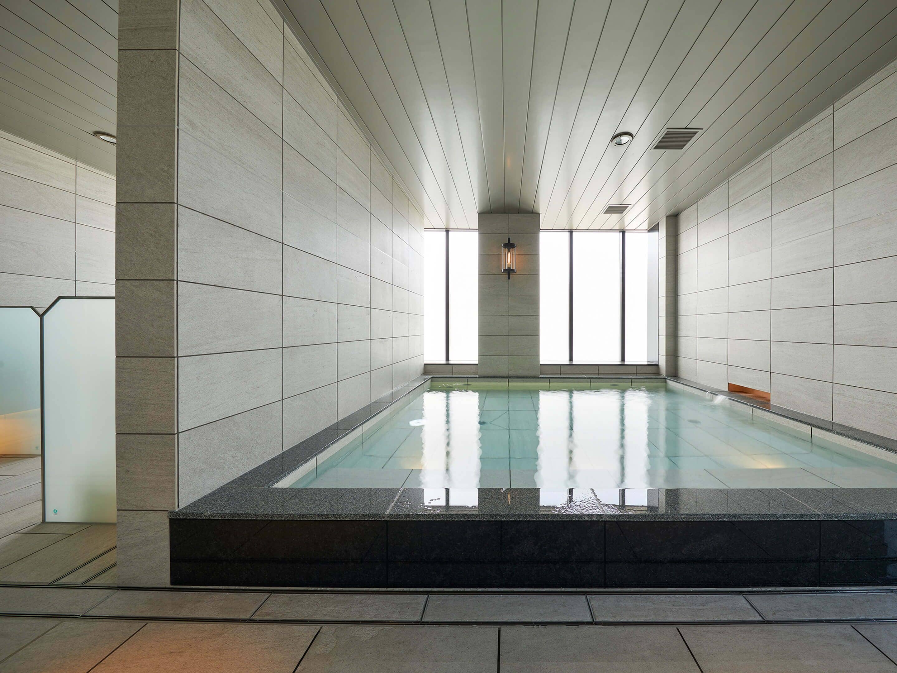 Ein moderner, überdachter Schwimmbereich mit freier Sicht auf Decke und Wände, inklusive einer sichtbaren Leuchte.